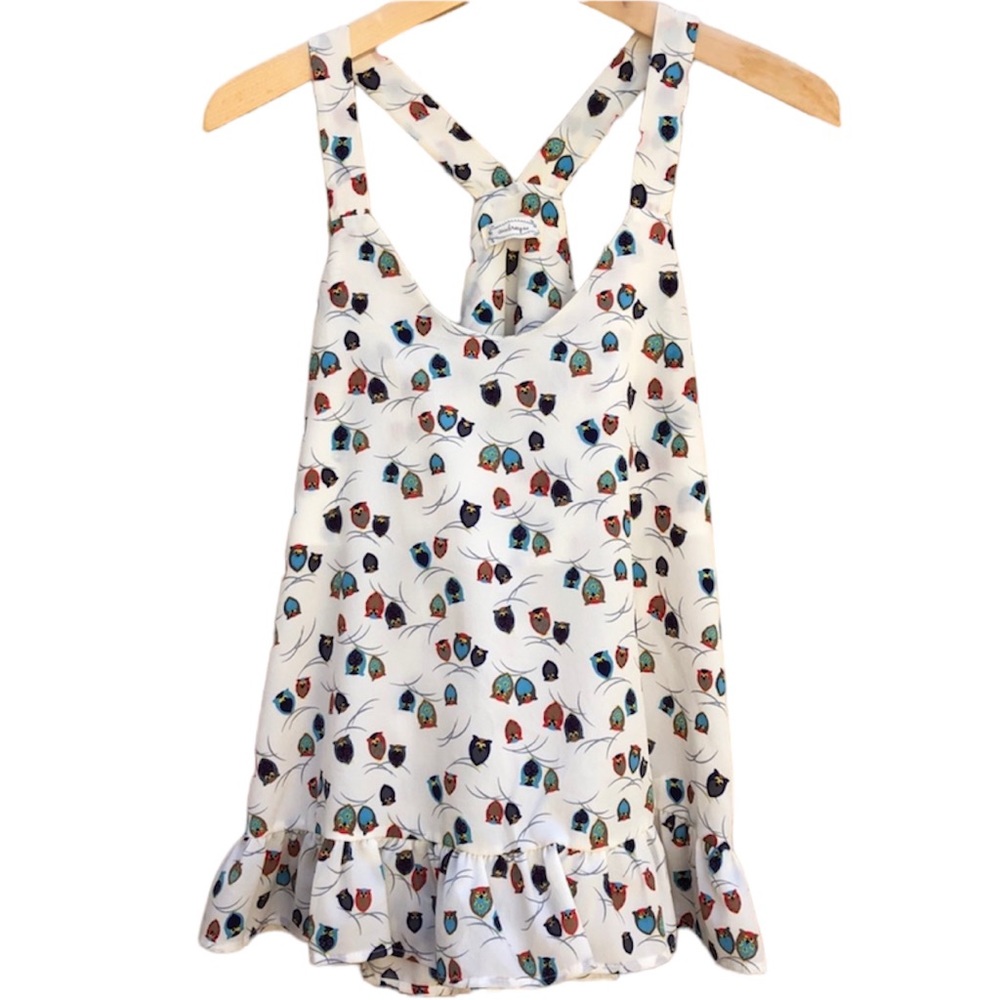 Audrey 3+1 Blouse Owl Print Racerback Ruffle Hem Top Women’s Size Small